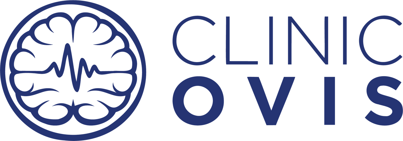 Clinic Ovis Logo with text, a circile with a brain and a p300 eeg wave